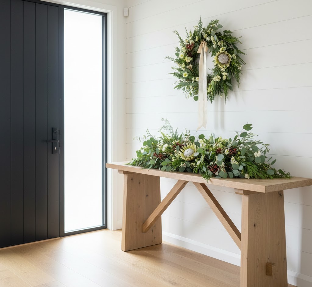 Seasonal arrangement in entryway